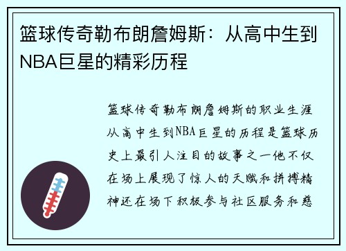 篮球传奇勒布朗詹姆斯：从高中生到NBA巨星的精彩历程