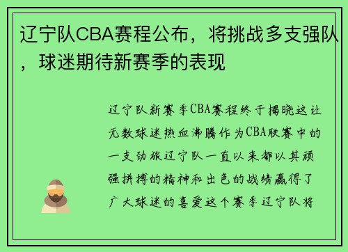 辽宁队CBA赛程公布，将挑战多支强队，球迷期待新赛季的表现